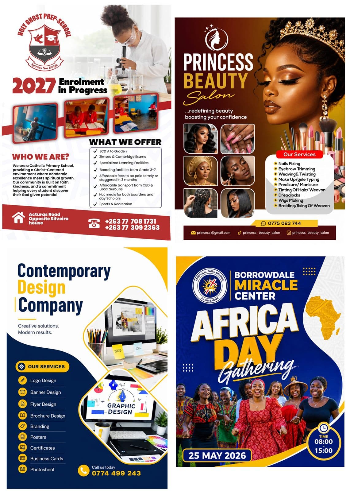 Holy Ghost Prep School, Princess Beauty Salon, and others — Flyer and poster campaigns for local businesses